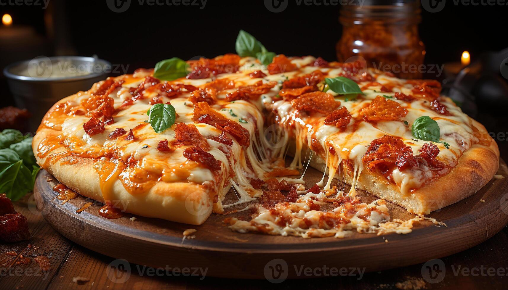 AI generated Freshly baked homemade pizza on rustic wooden table generated by AI photo