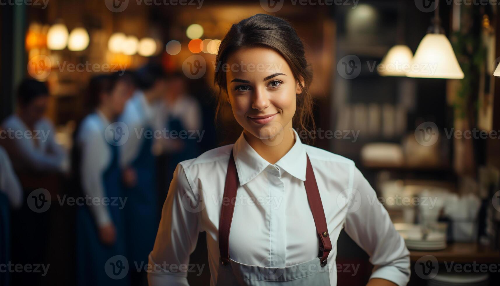 ai generado un confidente mujer de negocios sonriente, mirando a cámara, en pie adentro generado por ai foto