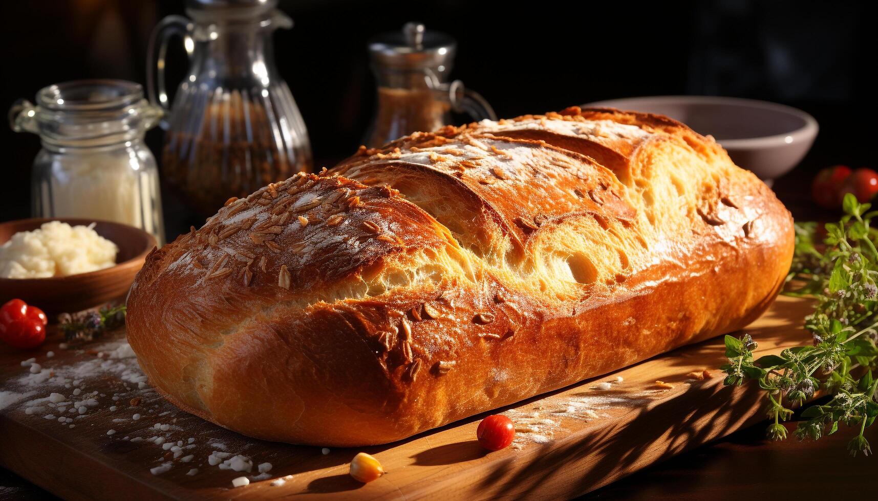 AI generated Freshly baked homemade bread on a rustic wooden table generated by AI photo