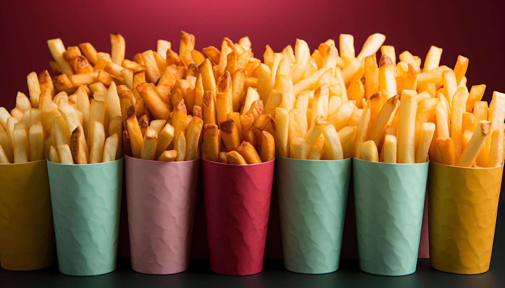 AI generated Large group of fresh, crunchy French fries in a yellow packet generated by AI photo