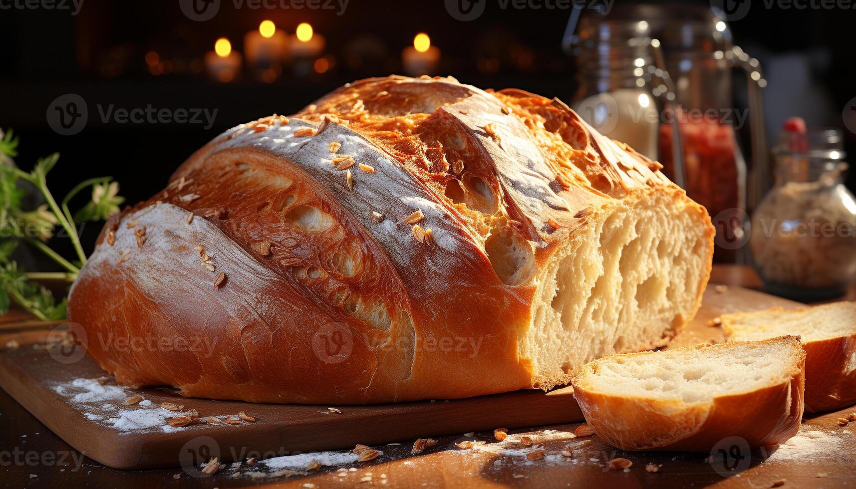 AI generated Freshly baked bread on wooden table, ready to eat homemade meal generated by AI photo
