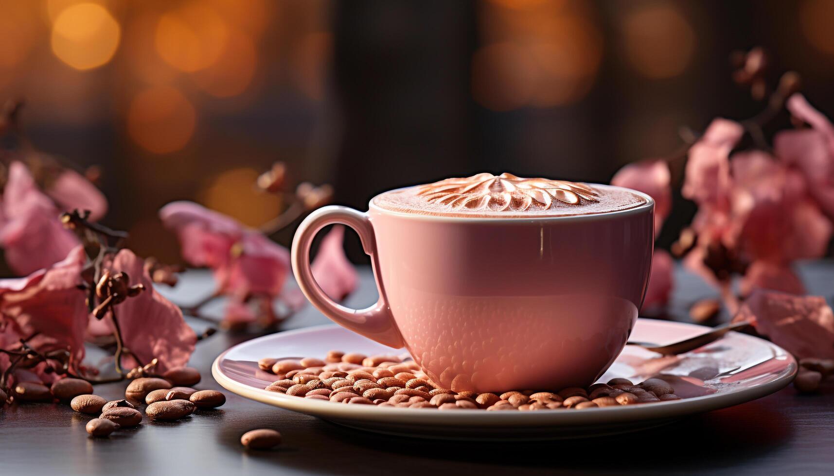AI generated Fresh coffee on wooden table, a delicious caffeine boost generated by AI photo