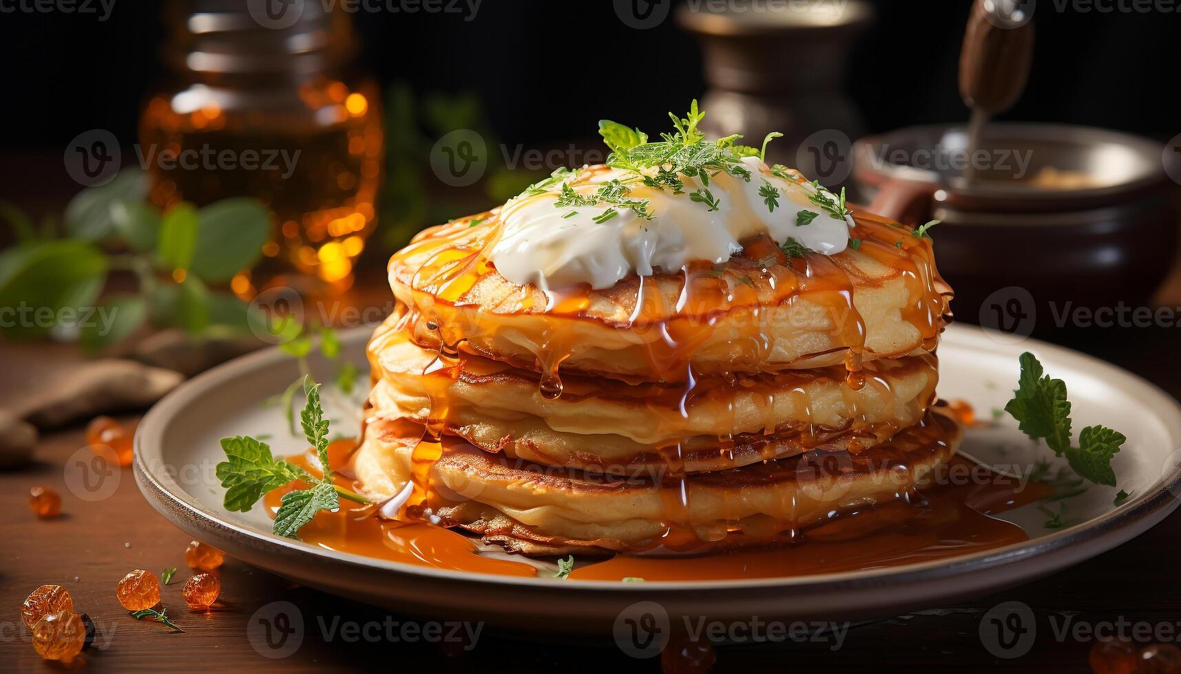 AI generated Freshly cooked pancakes on a wooden plate, ready to eat generated by AI photo