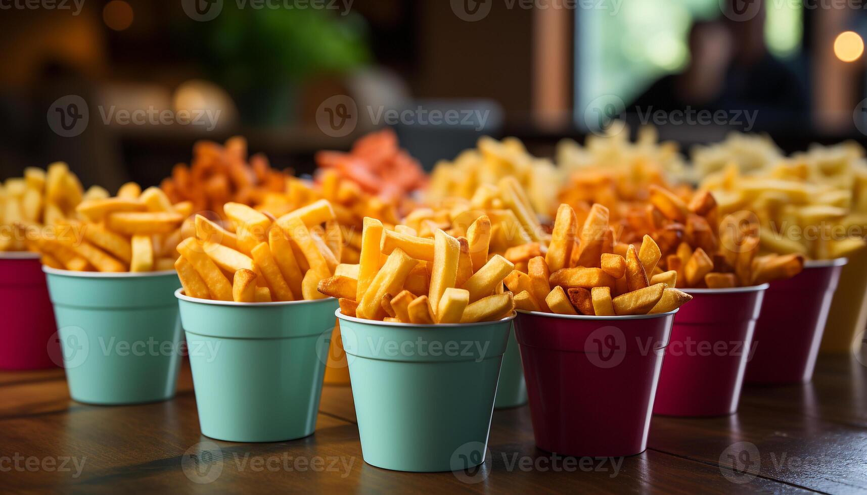 AI generated A large bucket of fresh, fried French fries on a table generated by AI photo