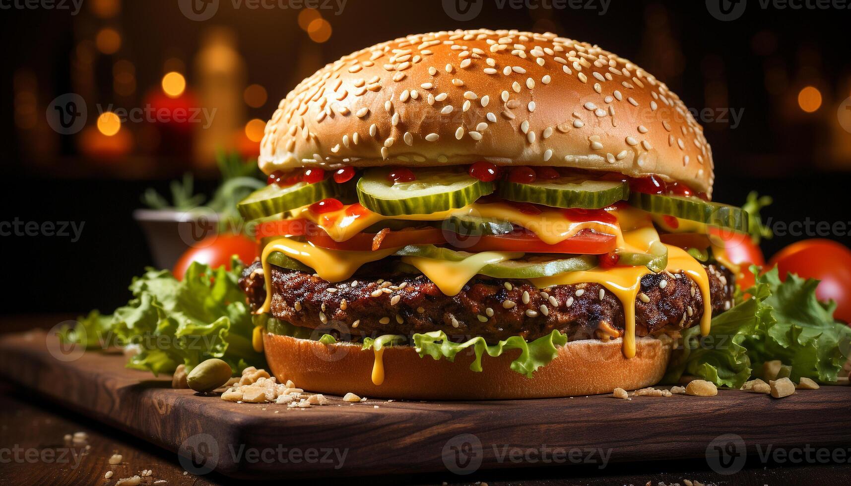 AI generated Freshness and speed on a rustic table, grilled gourmet burger generated by AI photo