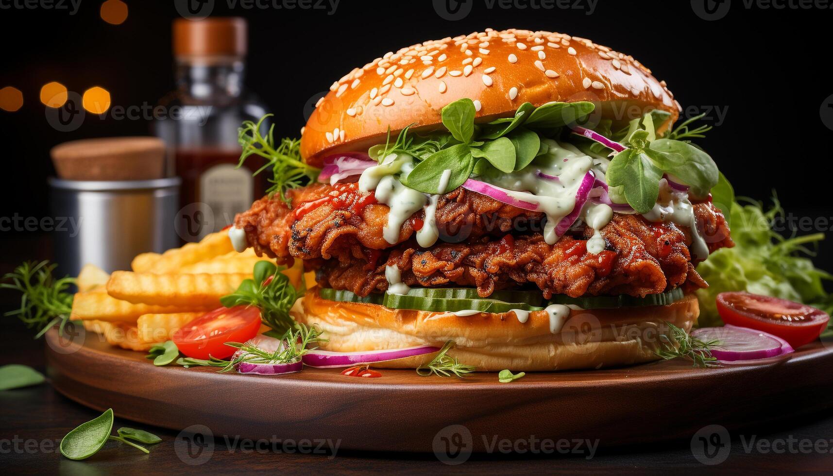 AI generated Grilled beef burger on homemade ciabatta, with fresh tomato generated by AI photo