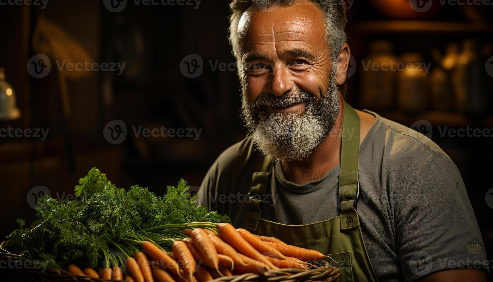 AI generated A smiling man holding fresh organic vegetables, looking confident generated by AI photo