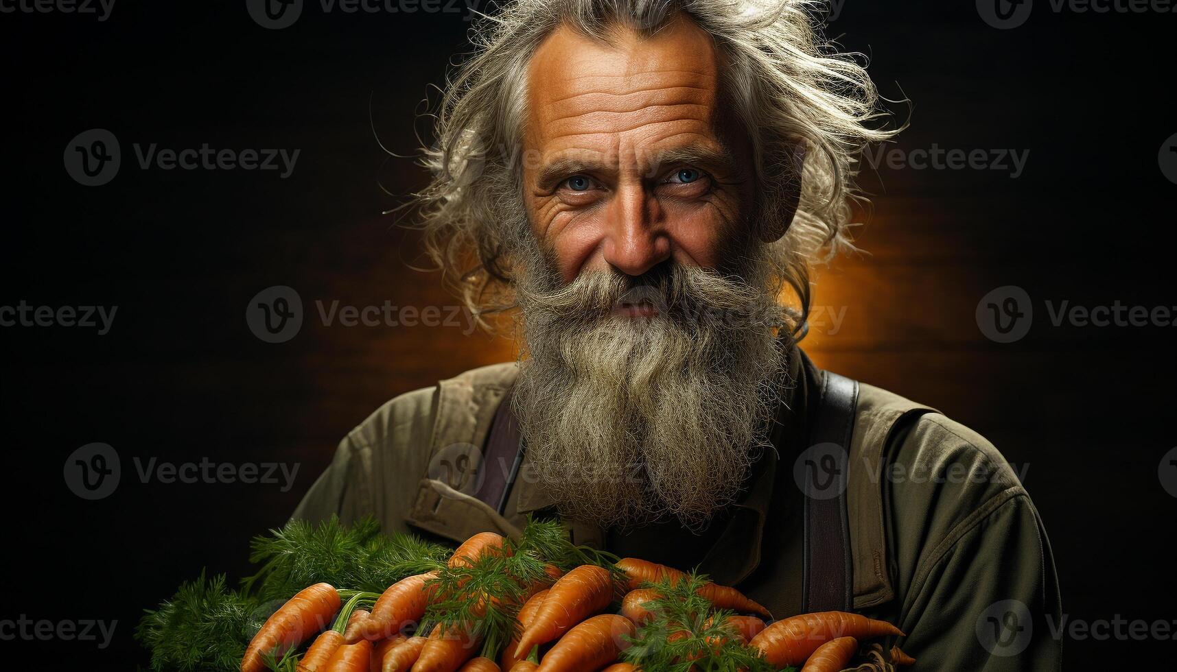 AI generated One senior man, with gray hair and a beard, looking at the camera, holding a fresh organic carrot, smiling generated by AI photo