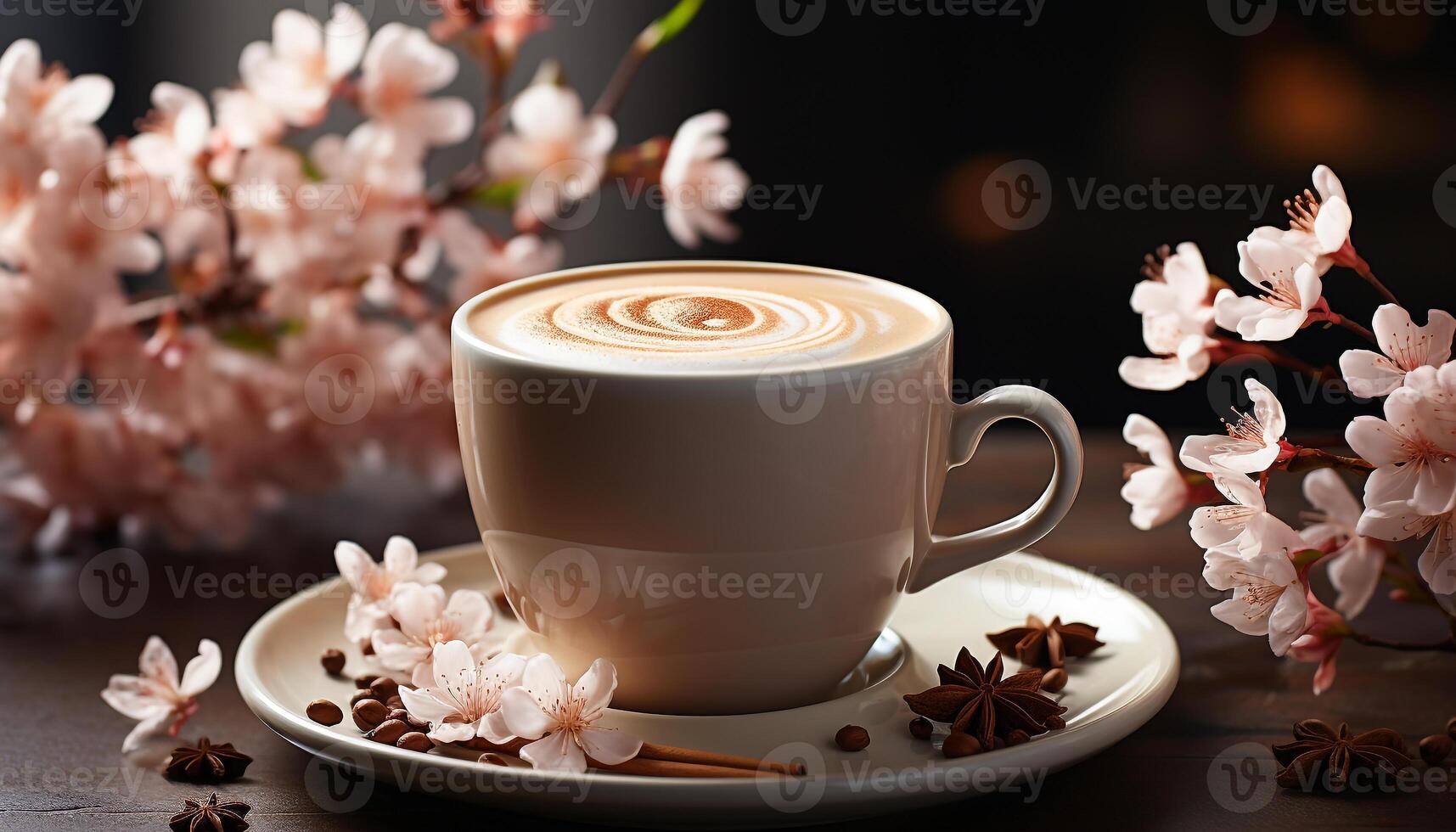 AI generated Coffee cup on table, freshness in the air generated by AI photo