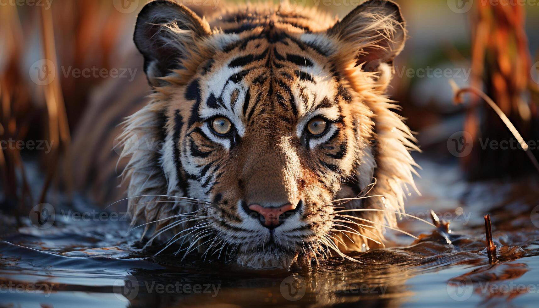 AI generated Bengal tiger staring, majestic beauty in nature tranquil wilderness generated by AI photo