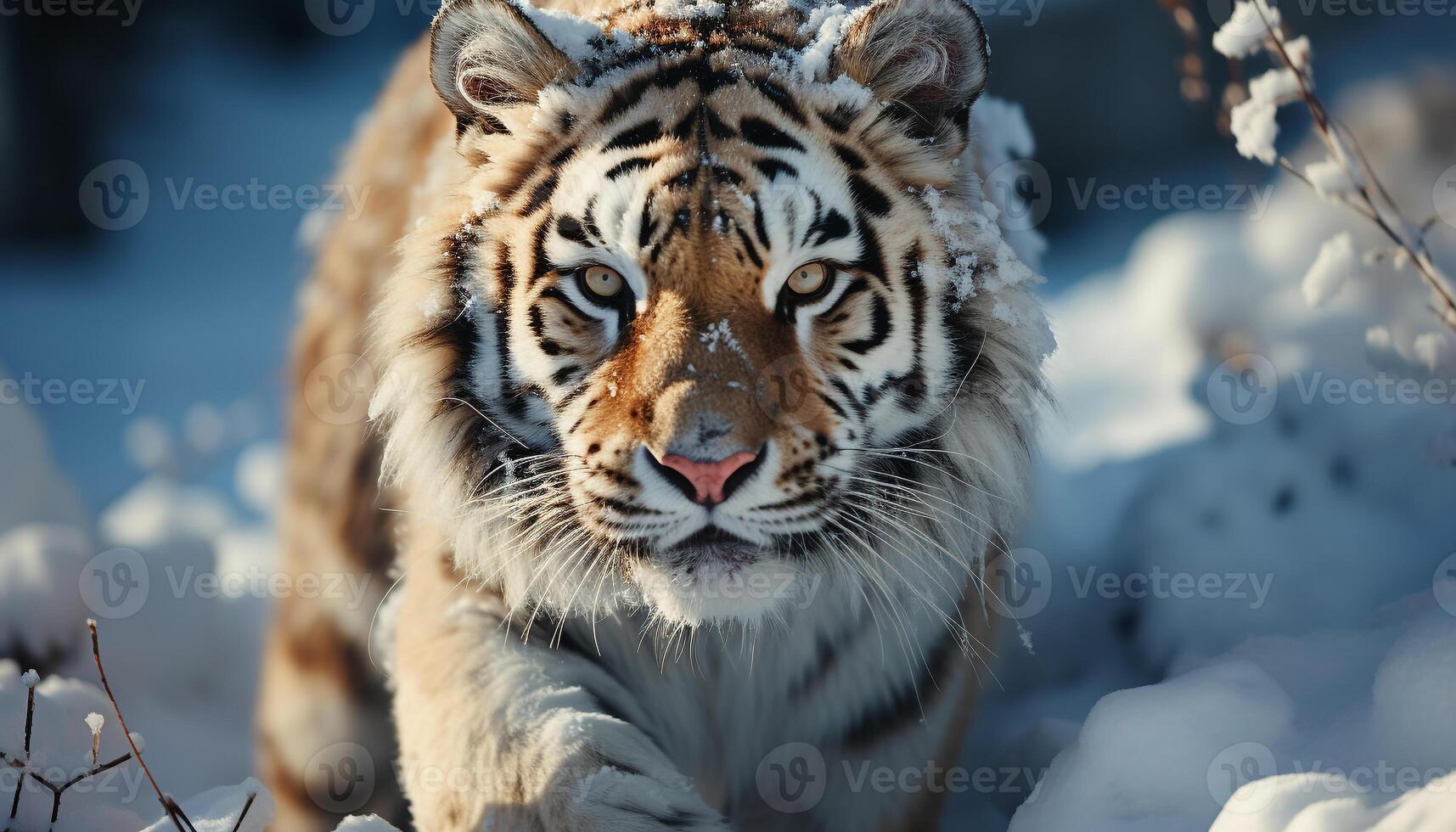 AI generated Majestic Bengal tiger staring, close up, in the snowy forest generated by AI photo