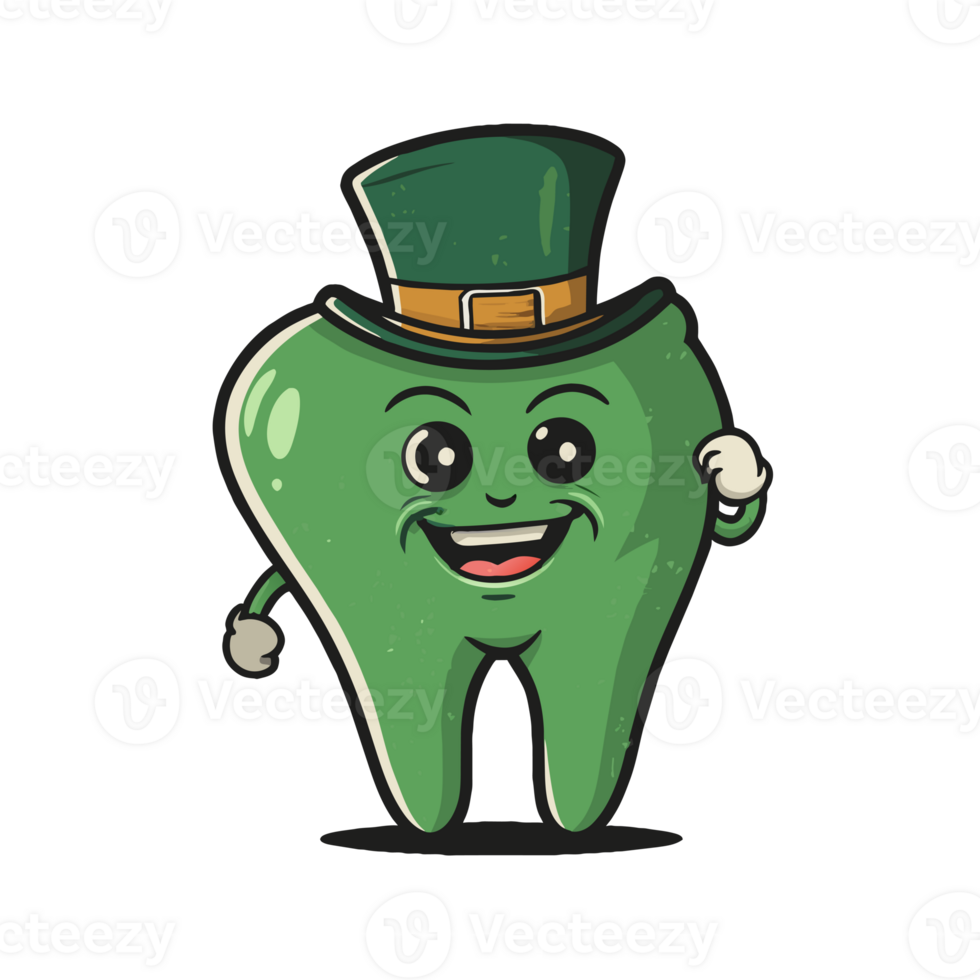 AI generated graphic green  tooth in a hat for saint patrick's day, png