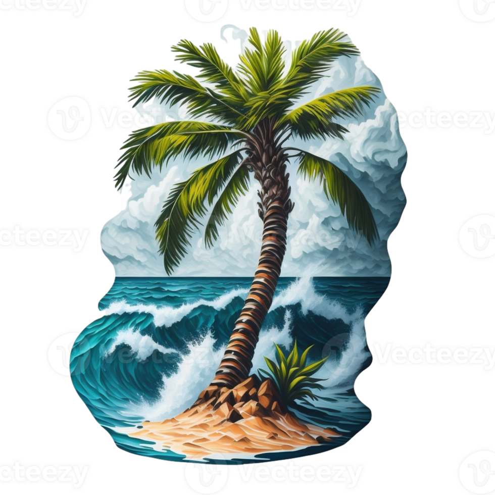AI generated summer graphic tropical island with ocean waves and palm tree png