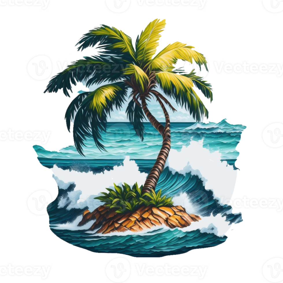 AI generated summer graphic tropical island with ocean waves and palm tree png