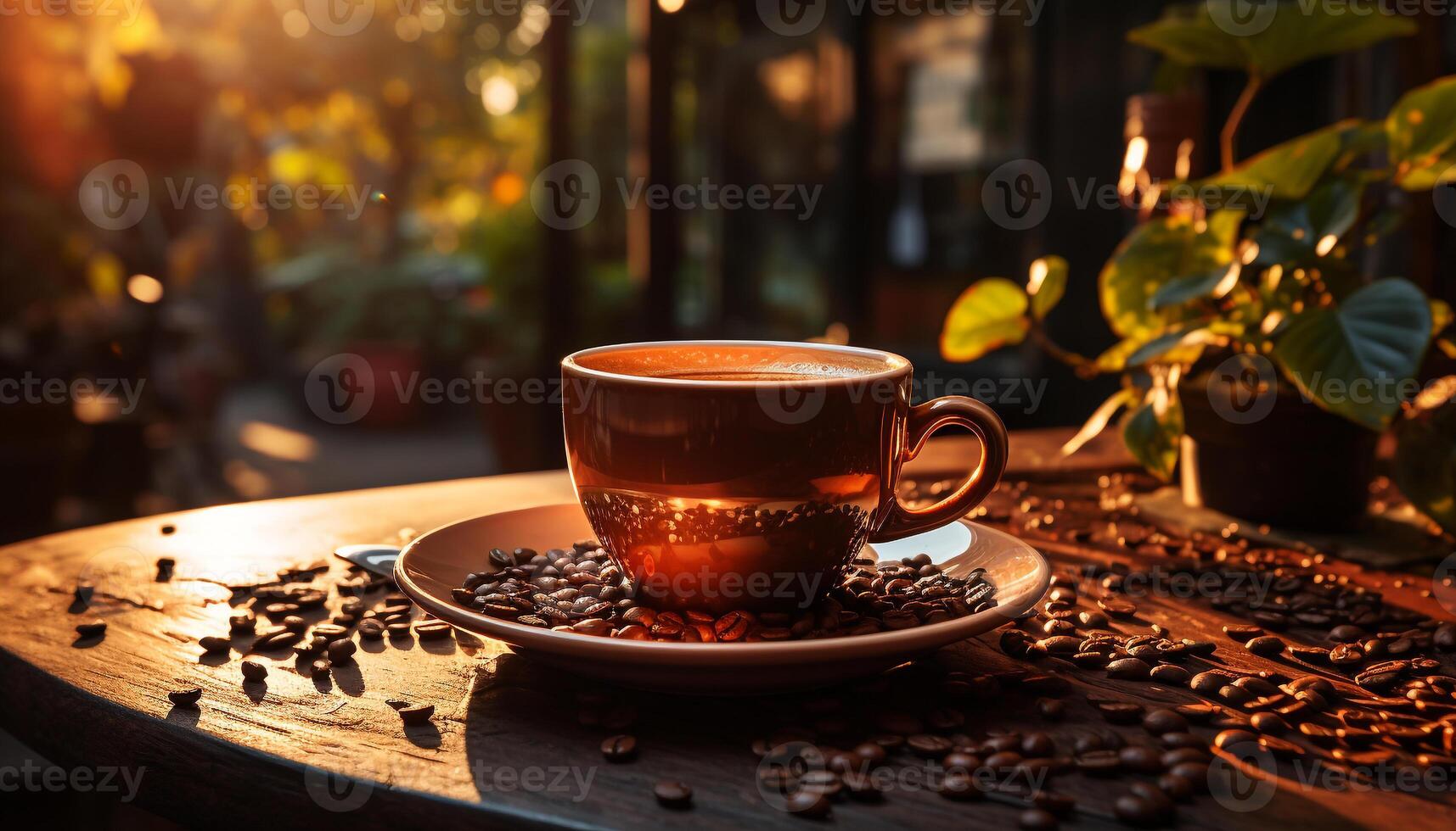 ai generado un caliente café taza en un de madera mesa generado por ai foto