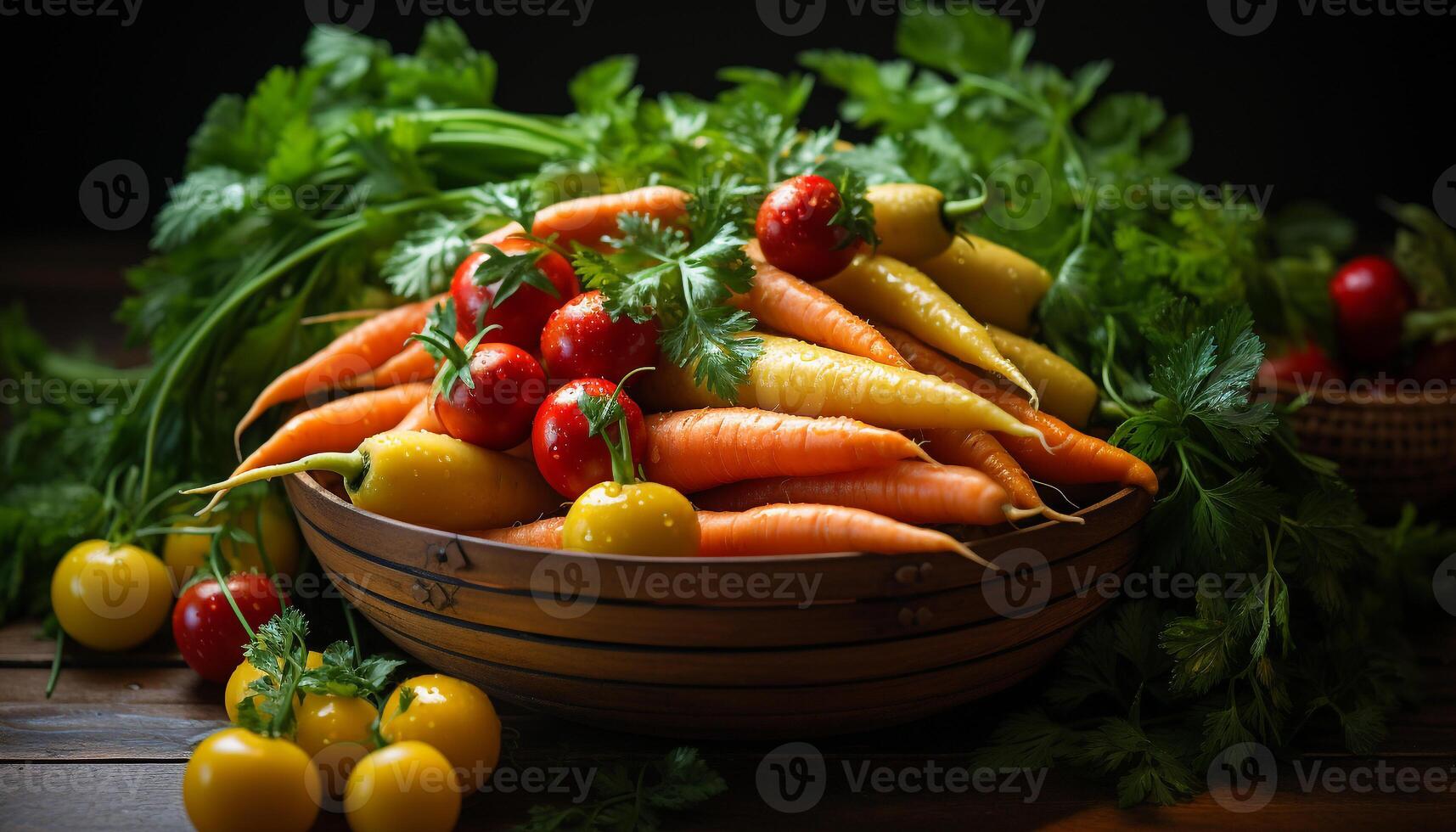 AI generated Fresh, healthy vegetables on wooden table nature colorful bounty generated by AI photo