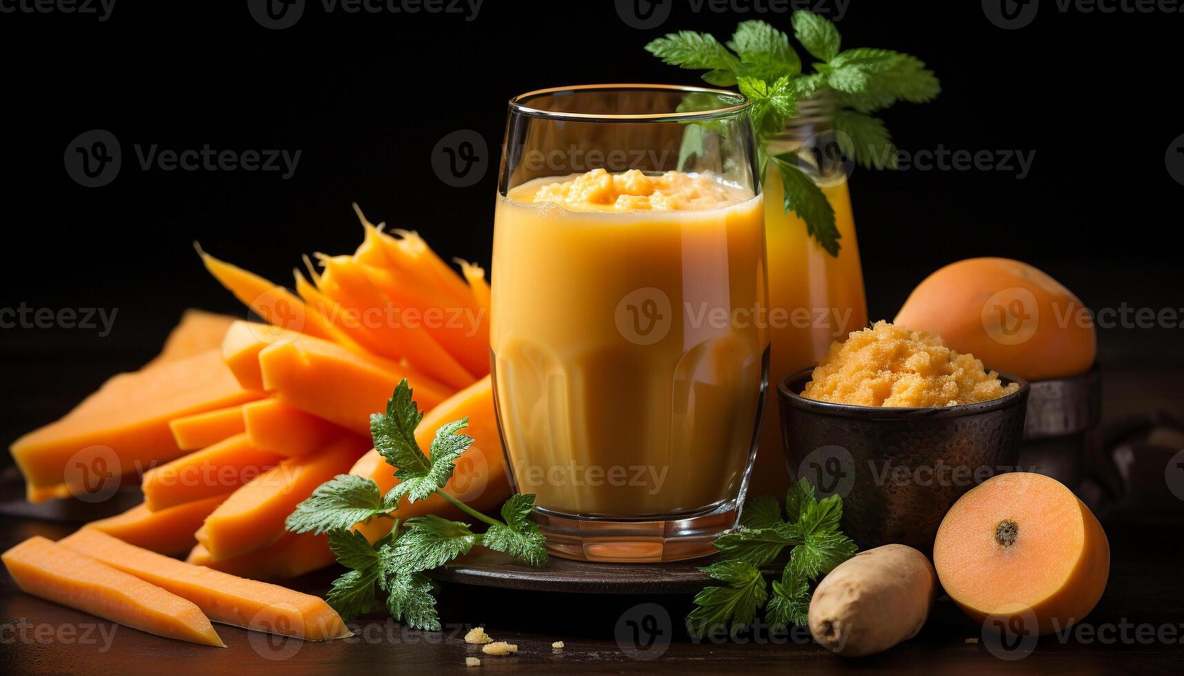 ai generado Fresco comida y bebida en un sano mesa fruta, verdura, cóctel generado por ai foto