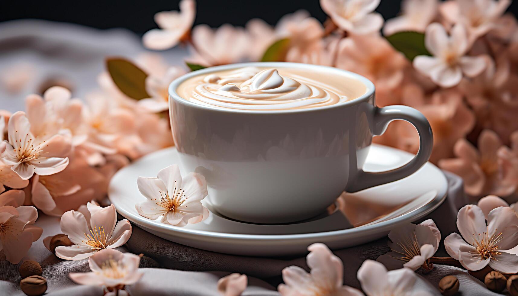 AI generated Aromatherapy Refreshing scented flower, hot coffee, frothy drink generated by AI photo