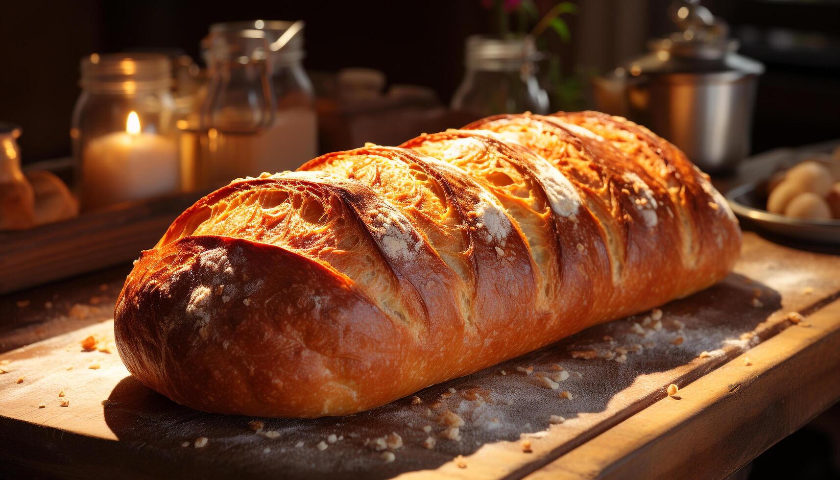 AI generated Freshly baked bread on rustic wooden table, ready to eat meal generated by AI photo