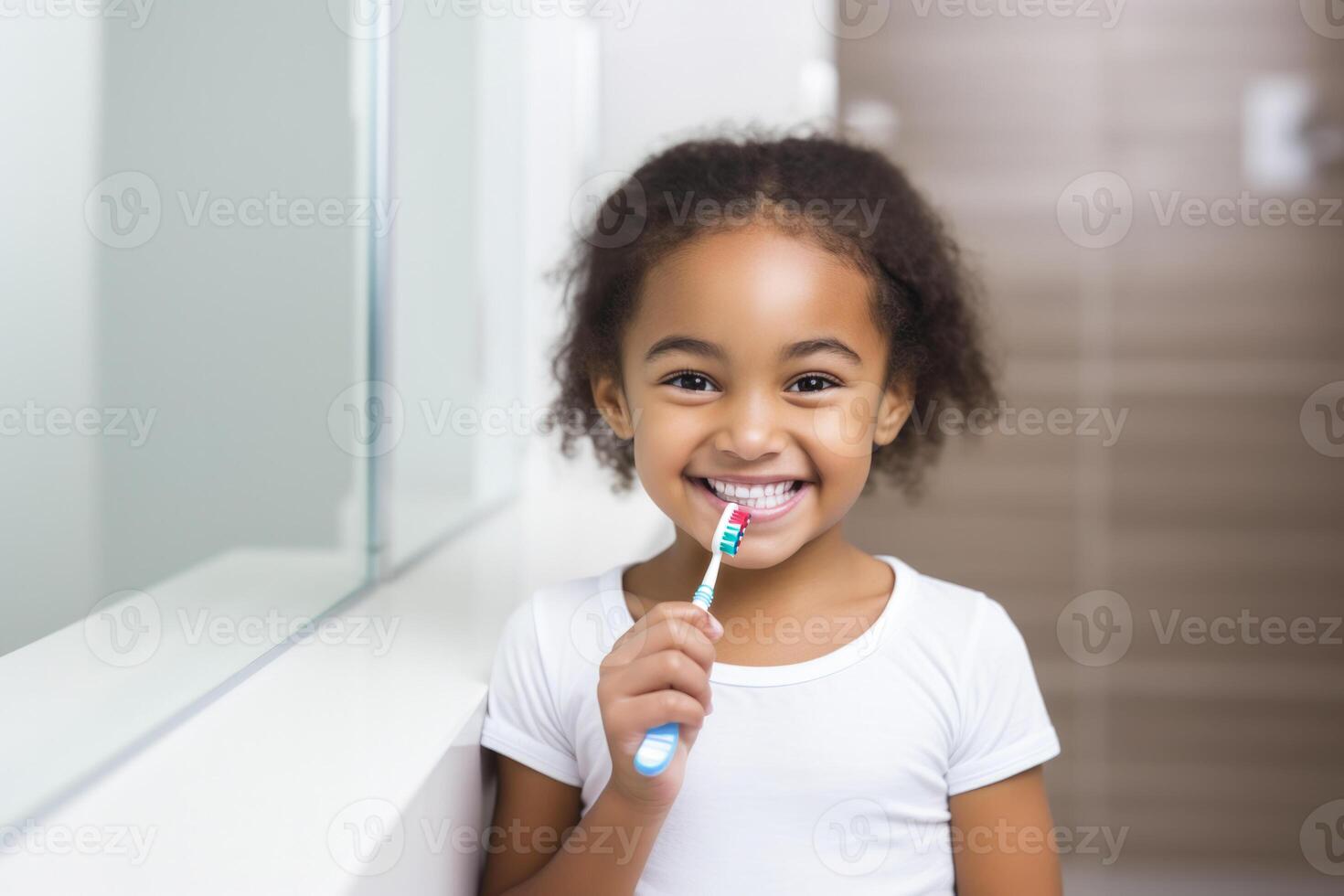 AI generated a young girl smiles while holding a toothbrush photo