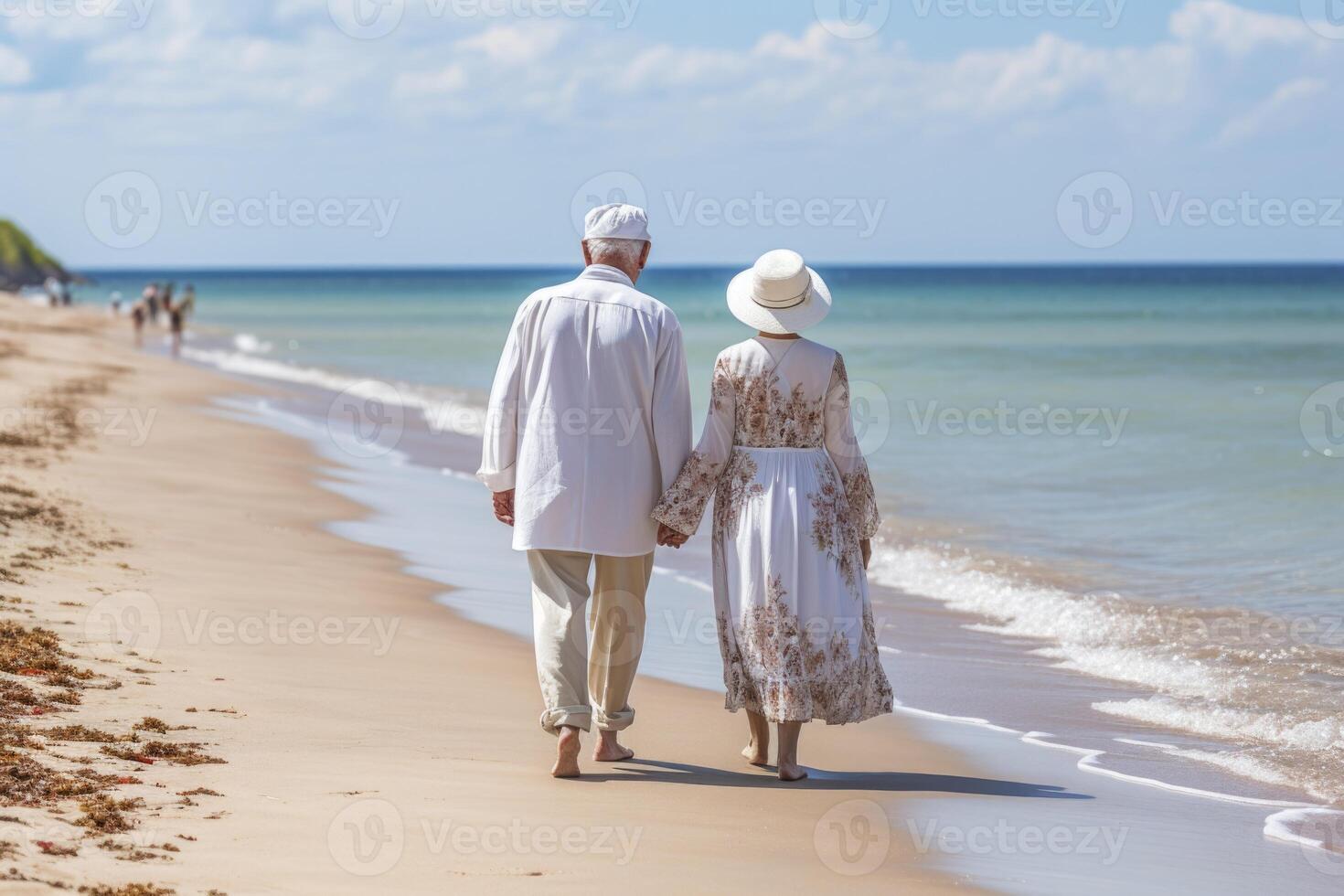 AI generated an older couple walking along the beach photo