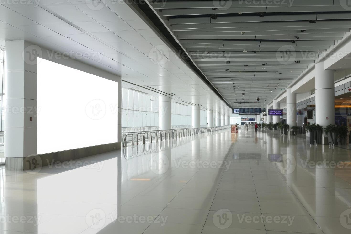 ai generado un vacío aeropuerto terminal con un blanco cartelera foto