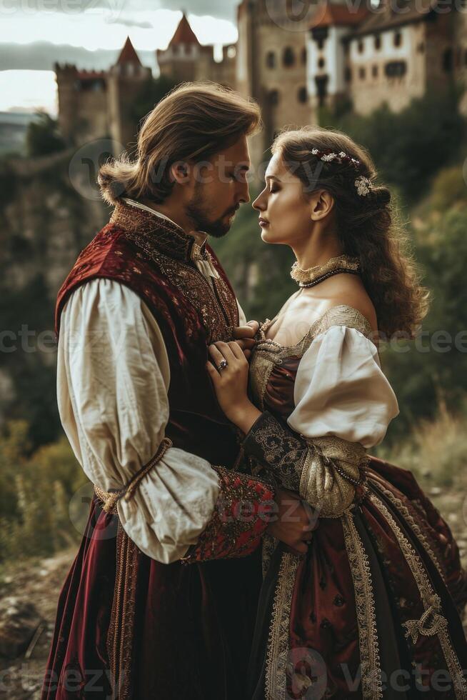 ai generado un Pareja en medieval ropa en pie en frente de un castillo foto