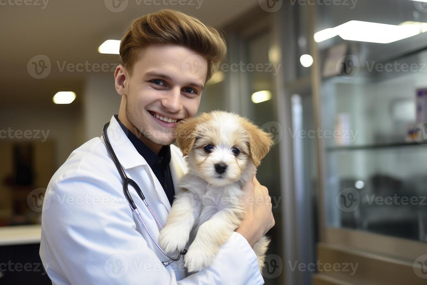 ai generado un hombre en un blanco Saco participación un perrito foto