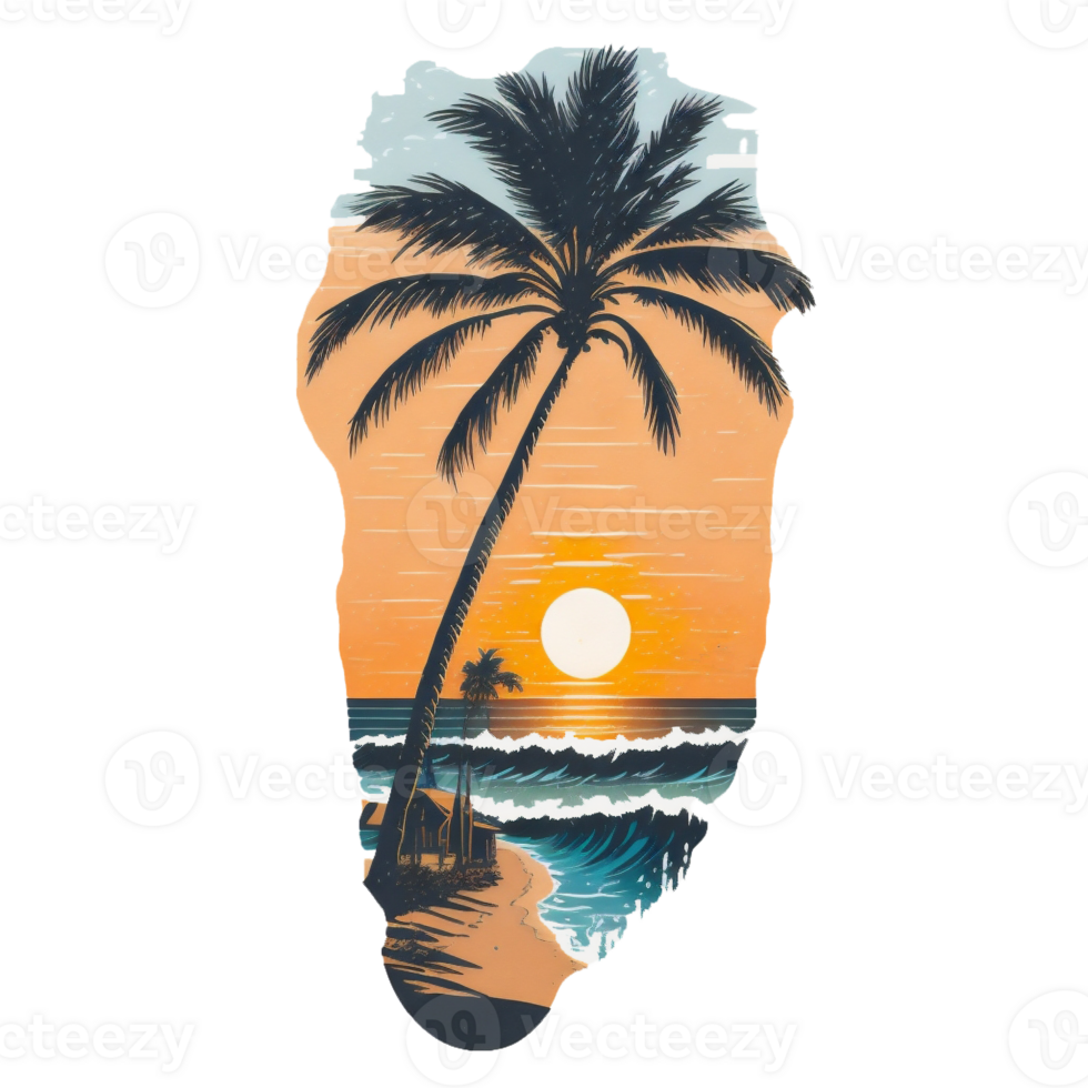 AI generated summer graphic tropical island with ocean waves and palm tree png