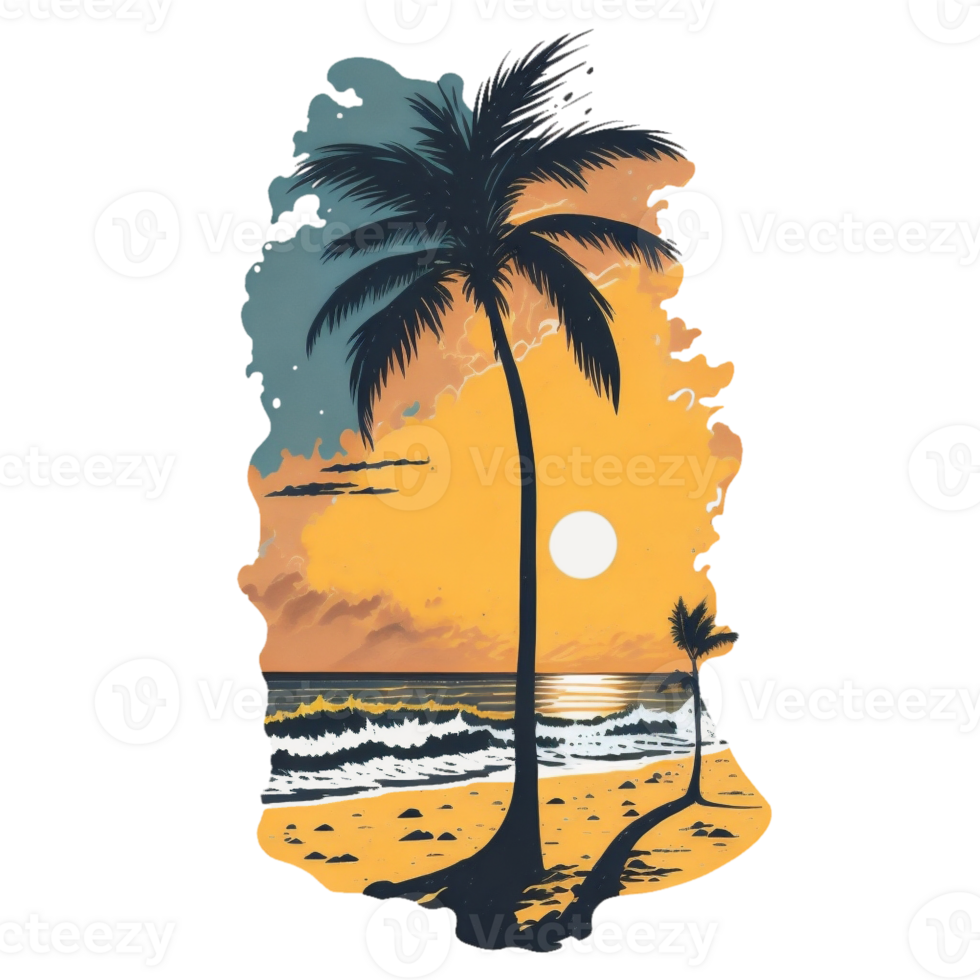 AI generated summer graphic tropical island with ocean waves and palm tree png