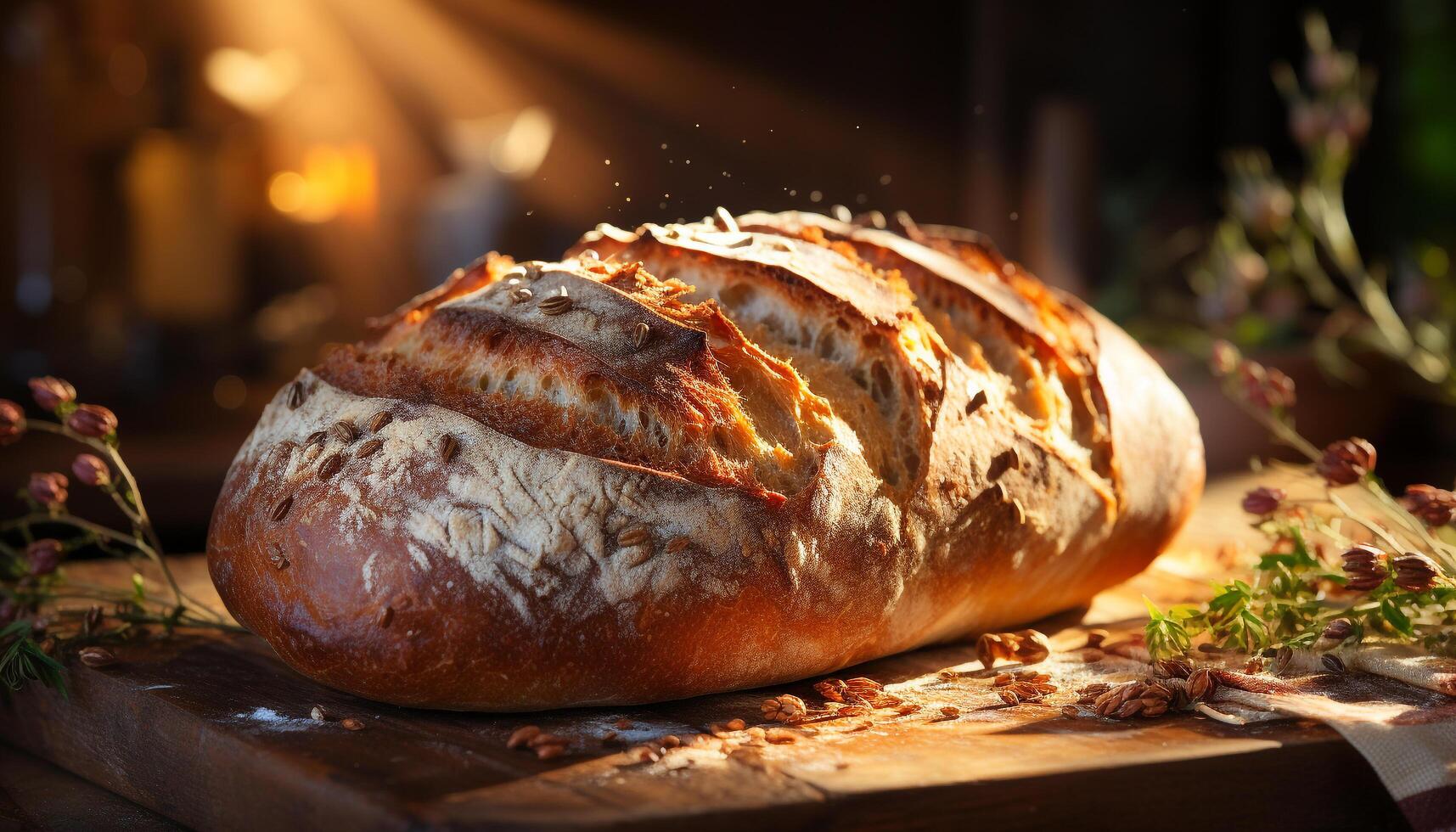 AI generated Freshly baked ciabatta on wooden table, ready to eat gourmet meal generated by AI photo