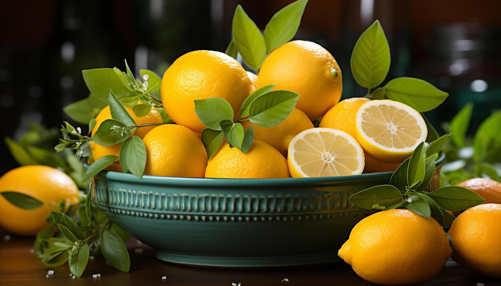 AI generated Fresh citrus fruit on wooden table, healthy eating, summer generated by AI photo
