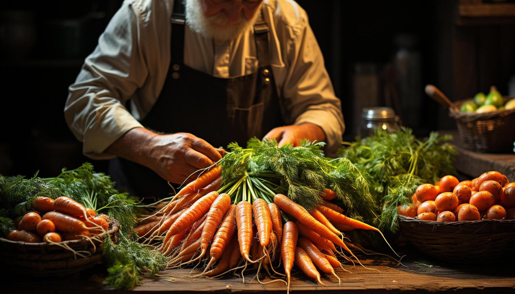 AI generated A farmer holding fresh vegetables, working outdoors in nature generated by AI photo