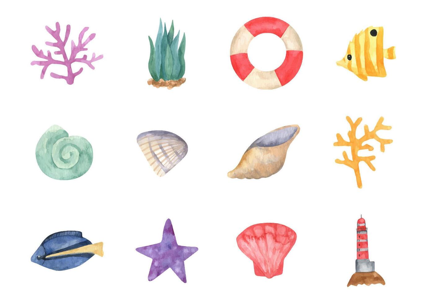 Cute sealife watercolor with seaweed, coral, fish, shellfish, shells, lifebuoy, lighthouse, starfish. vector