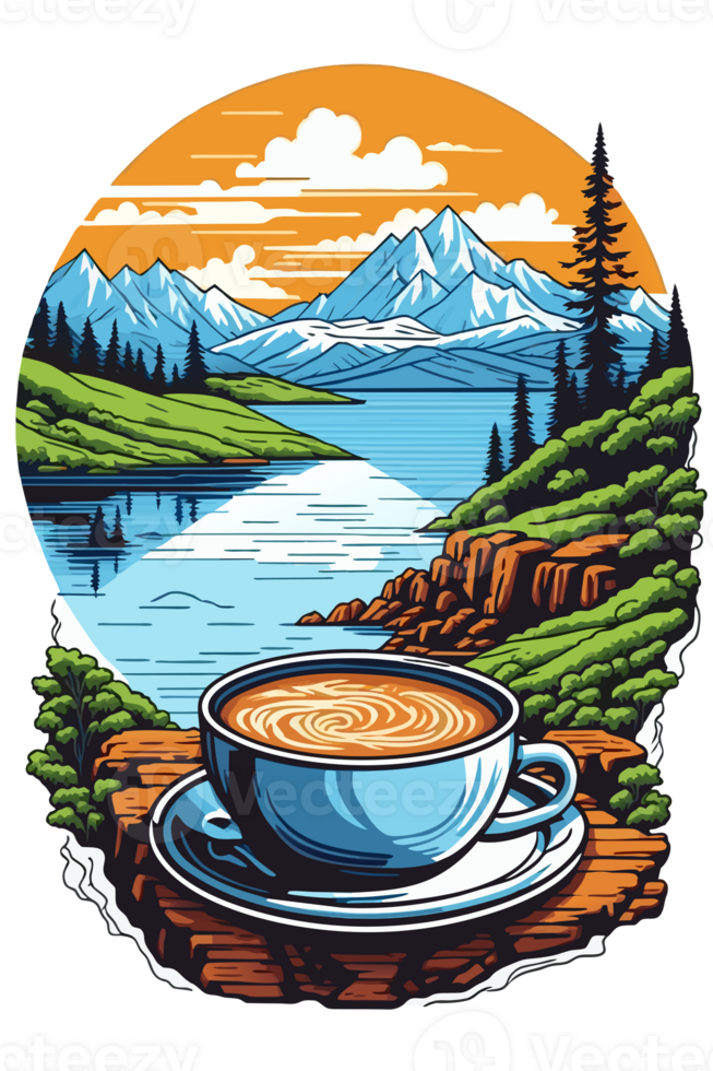 AI generated hot coffee on the background of mountains and lake png