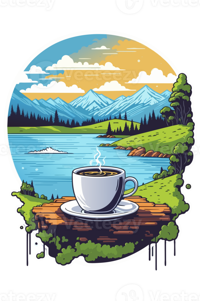 AI generated hot coffee on the background of mountains and lake png