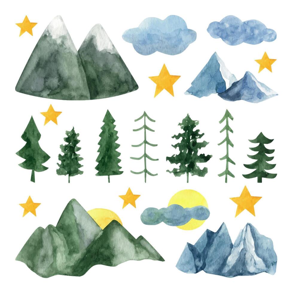 Adorable hand painted watercolor mountain and trees clip art. vector