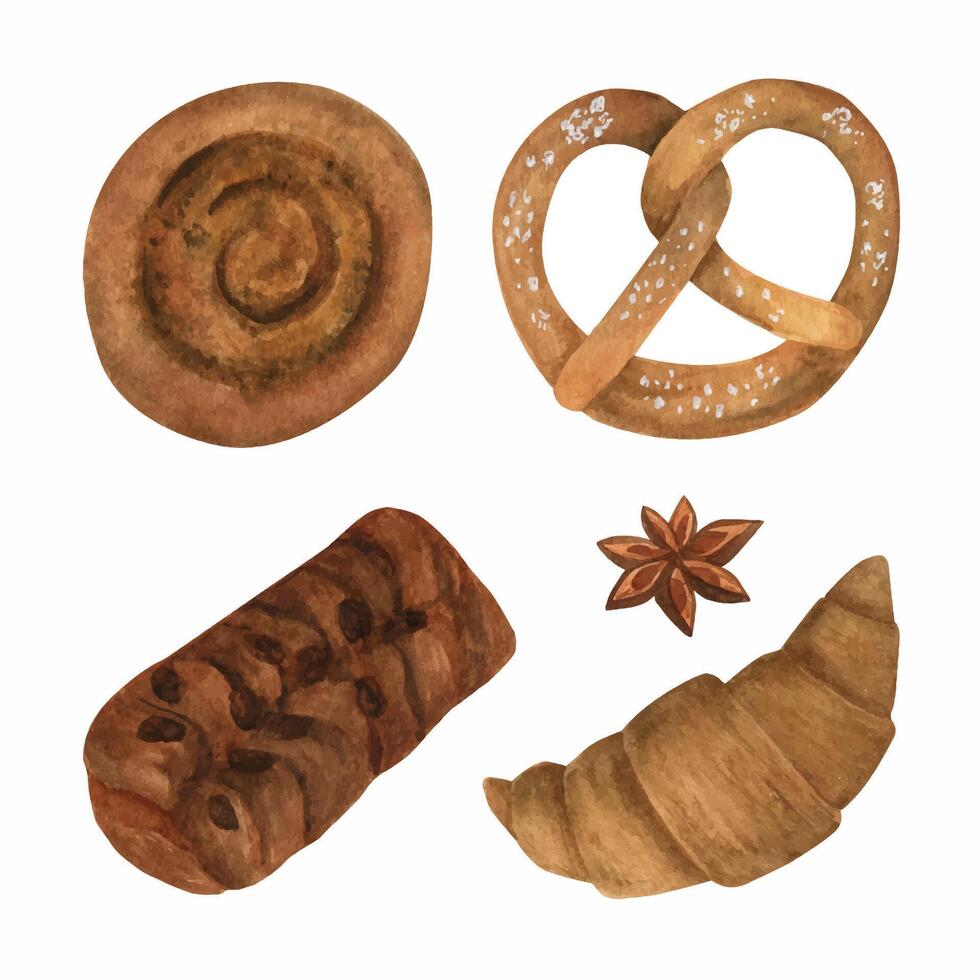 Watercolor bakery clipart collection. Hand drawn watercolor baked goods. Bagel, buns with cinnamon, croissant, anise, pretzel, pecan. Isolated on white. vector