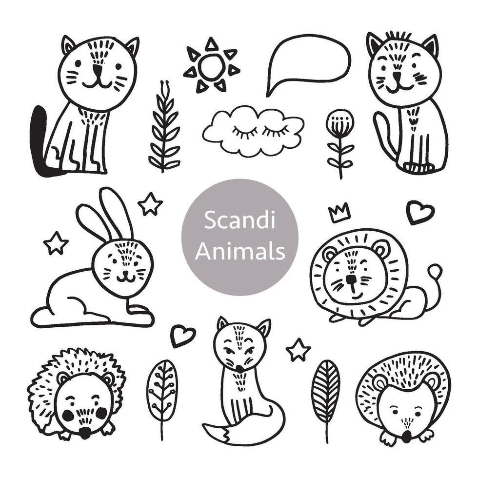Vector set of adorable animals in trendy Scandinavian style. Funny, cute, hugge, hand drawn illustration for poster, banner, print, decoration kids playroom or greeting card.