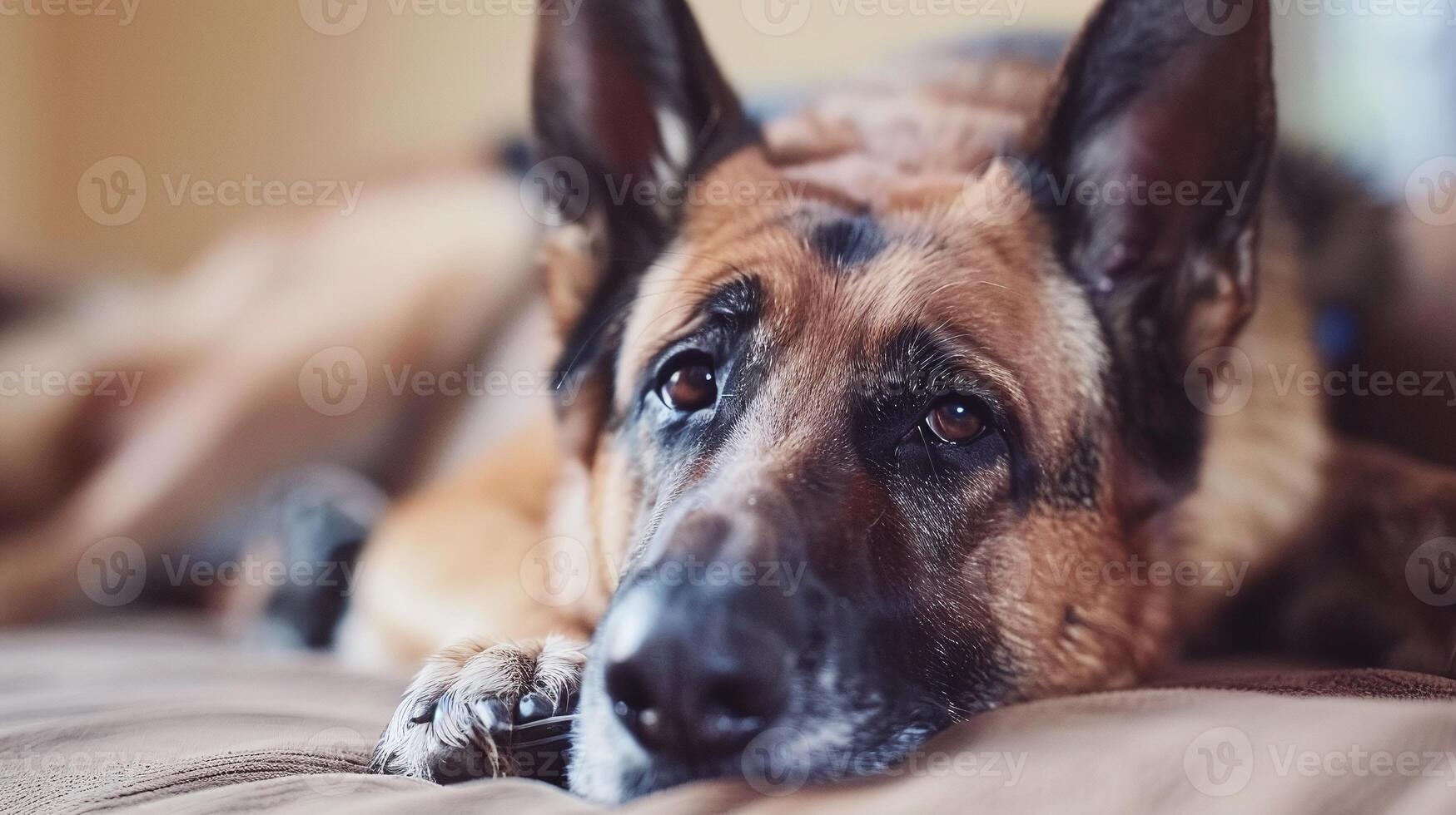 AI generated closeup of a german shepherd dog resting at home photo