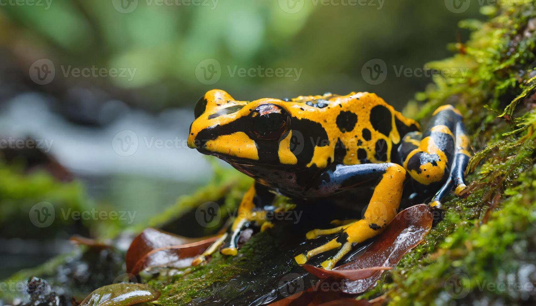 AI generated yellow poison dart frog closeup resting alone near lake photo