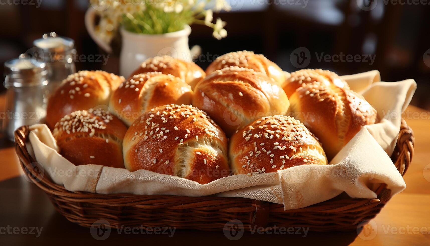 AI generated Freshly baked bread in a wicker basket, ready to eat generated by AI photo