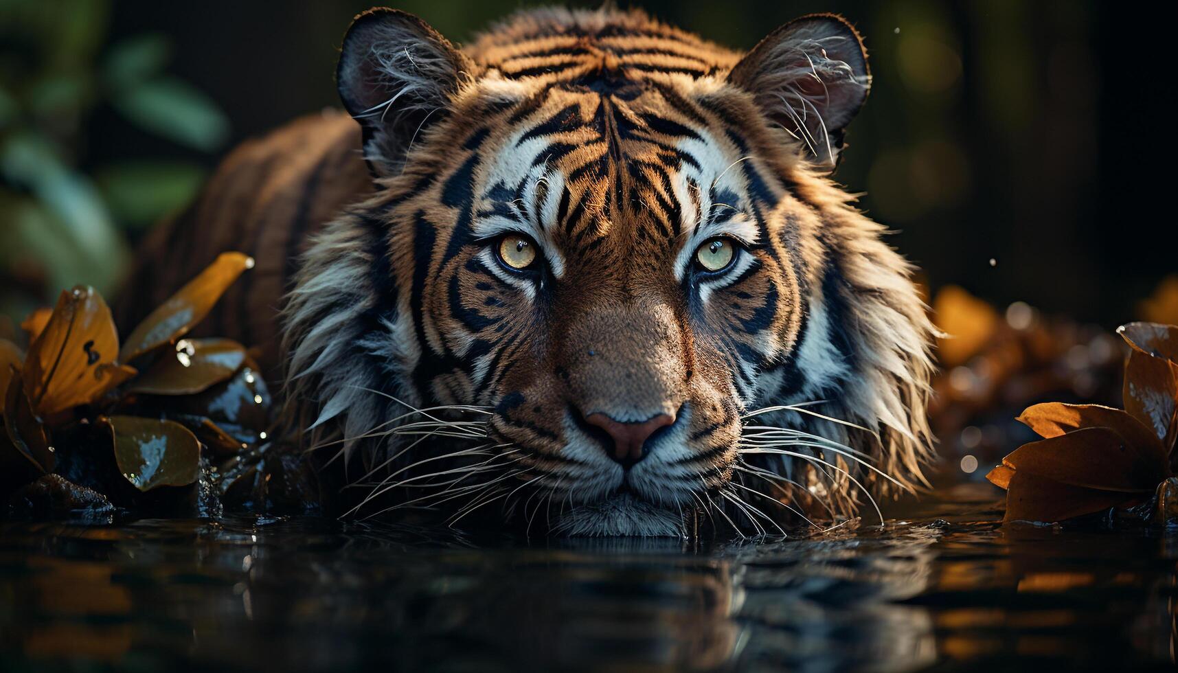 AI generated Bengal tiger, fierce and wild, gazes into the camera generated by AI photo