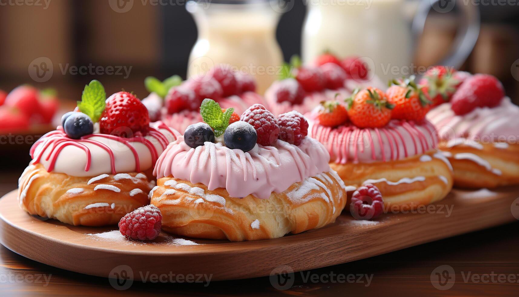 AI generated Homemade dessert Fresh berry plate with whipped cream indulgence generated by AI photo