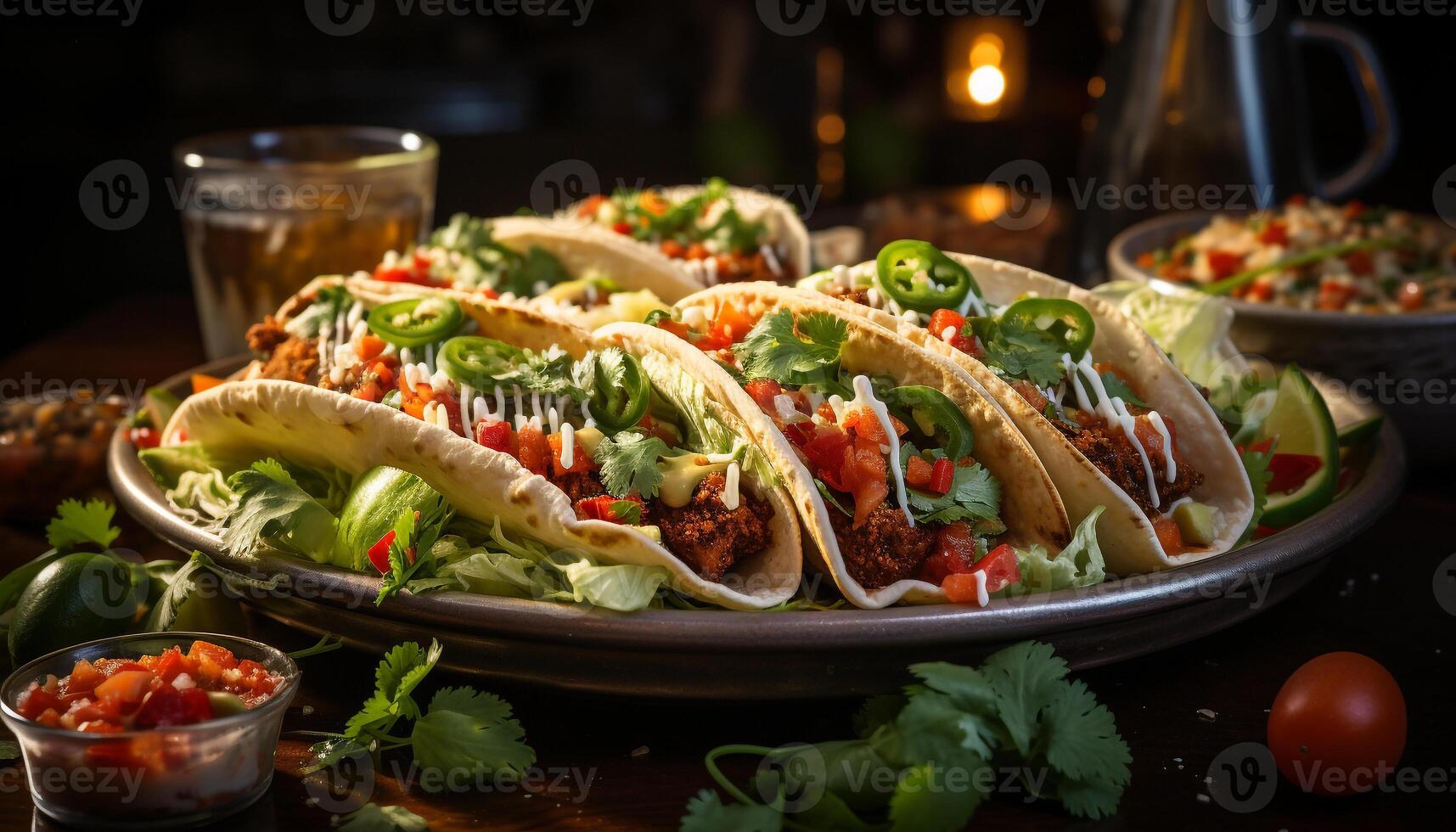 AI generated Grilled beef taco with fresh guacamole, tomato, and cilantro generated by AI photo