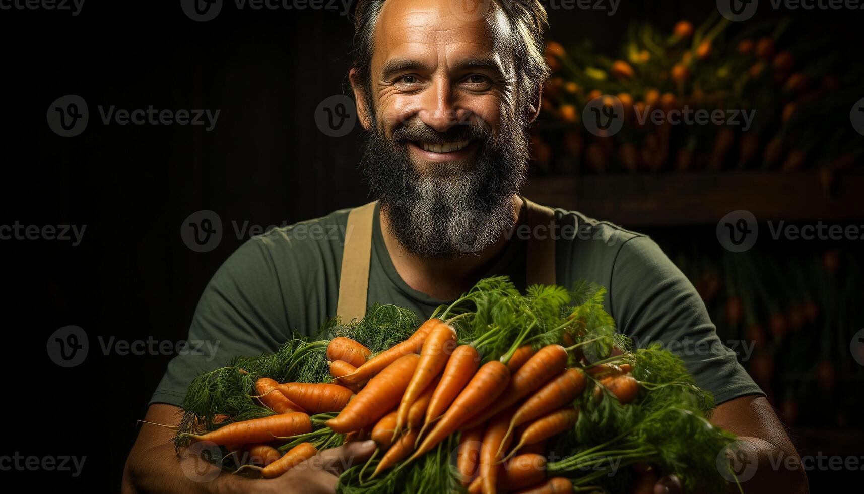 AI generated A smiling man, holding fresh vegetables, looking at camera generated by AI photo