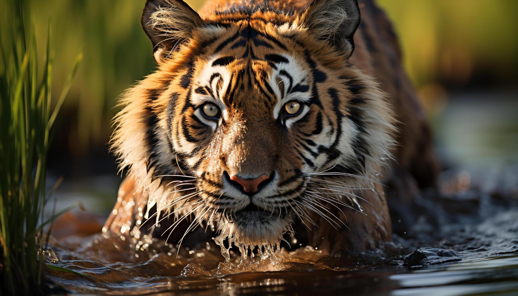 AI generated Bengal tiger staring, majestic beauty in nature reflection generated by AI photo