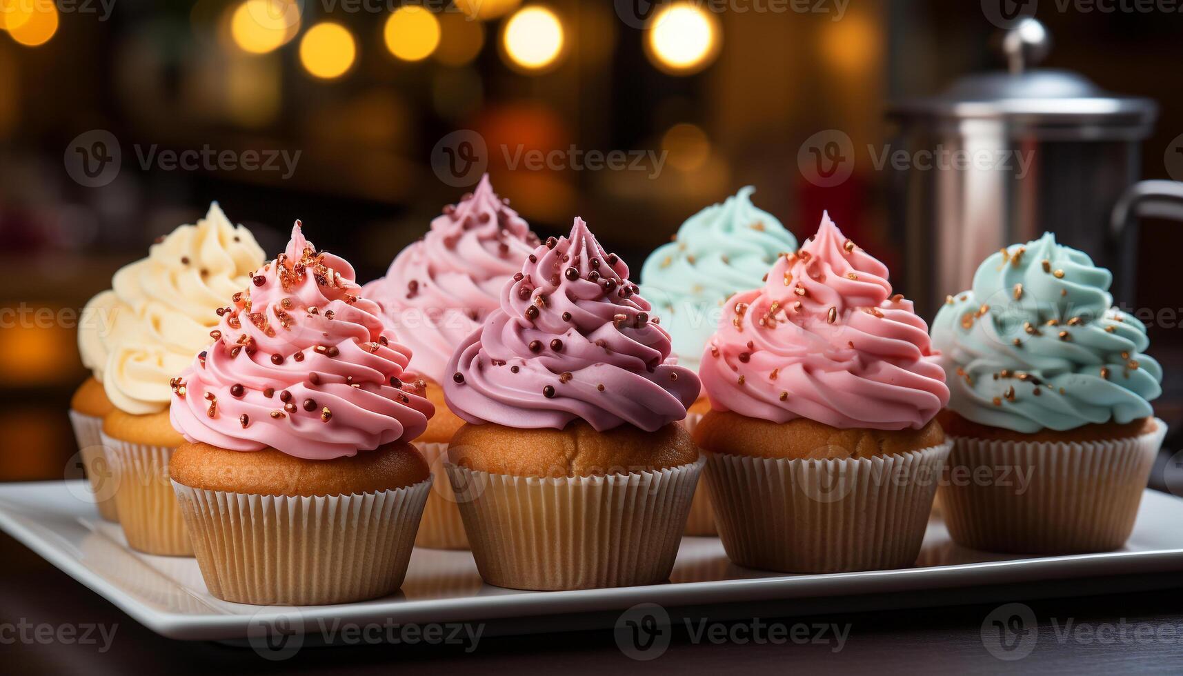 AI generated Homemade cupcake with pink icing, chocolate decoration, and fresh strawberries generated by AI photo