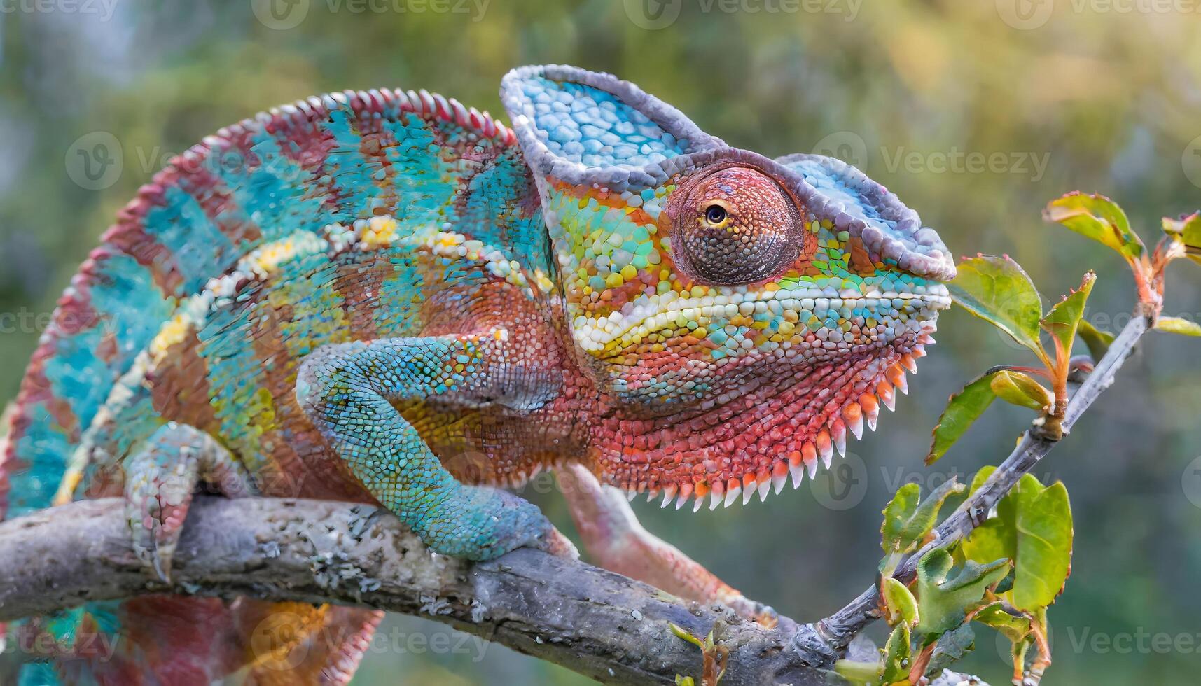 AI generated closeup of a chameleon walking on a branch of tree photo