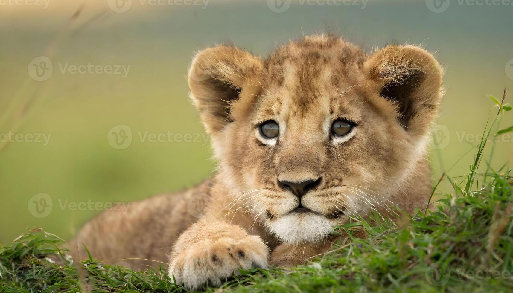 ai generado de cerca de un recién nacido bebé león cachorro en el bosque foto